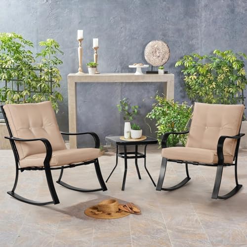 3-Piece Outdoor Rocking Chairs Bistro Set, Black Iron Patio Furniture with Brown Thickened Cushion & Glass-Top Coffee Table