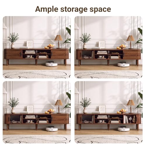 70" TV Stand with Rolling Doors and Storage, Mid-Century, Walnut, view 7