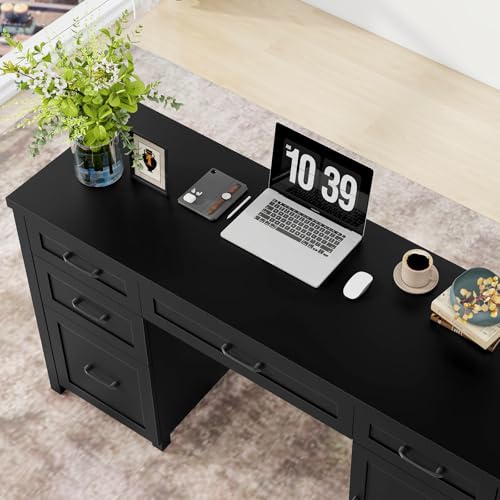 Farmhouse 61'' Rustic Office Desk with 5 Drawers.Pure Black, view 7