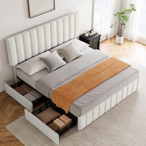 King Size Bed Frame, Linen Bedframe with 4 Storage Drawers, Beige, view 8