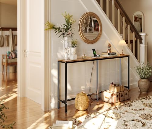 Console Table with Outlet, 63 Inch Sofa Table with Charging Station, Narrow Entryway Table, Behind Couch Table, for Living Room, Plants - Rustic Brown