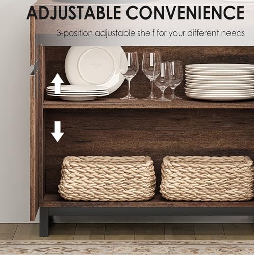 3 in 1 Multifunctional Sideboard Buffet Cabinets, Modern Sideboard with Adjustable Shelf and Metal Base, Coffee Bar Cabinet Storage Cabinet for Living Room, Kitchen, Brown