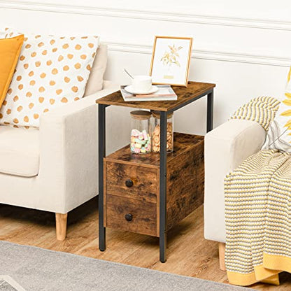 End Table, Narrow Chairside Table with Drawer and Open Storage Shelf, Nightstand for Small Spaces, Stable and Sturdy Construction, Wood Look Accent Furniture, Rustic Brown and Black BF548BZ01G3