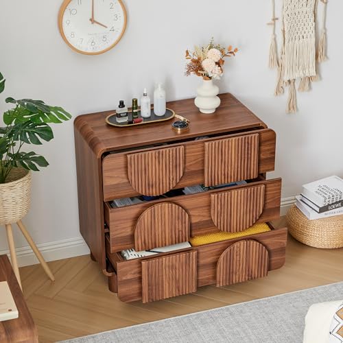 3 Drawer Dresser, Modern Fluted Wood Chest of Drawers, 31.5" Wide Walnut Nightstand with Anti-Tip Device, Curved Storage Cabinet for Bedroom, Living Room, Entryway