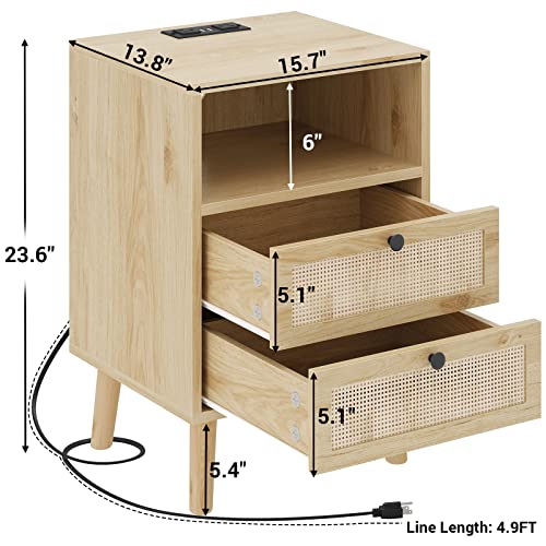 Rattan Nightstand with Charging Station, LED Night Stand for Bedroom, Wood End Table with USB Ports, Boho Bedside Table with 2 Drawers, Natural