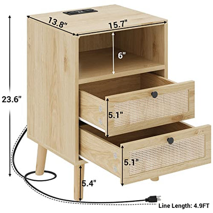 Rattan Nightstand with Charging Station, LED Night Stand for Bedroom, Wood End Table with USB Ports, Boho Bedside Table with 2 Drawers, Natural