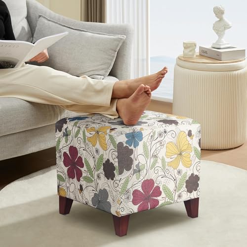 Floral Printed Linen Ottoman, 16.3" Upholstered Cube Foot Stool with Wood Legs, Small Accent Footrest for Living Room, Bedroom Vanity, and Under Desk - Burnt Orange & Blue