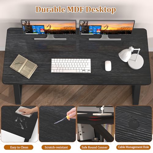47 inch Computer Desk with Storage Shelf, K-Shaped Office Desk with Sturdy Metal Frame, Writing Gaming Work Desk with Waterproof Surface for Home Office & Bedroom, Black