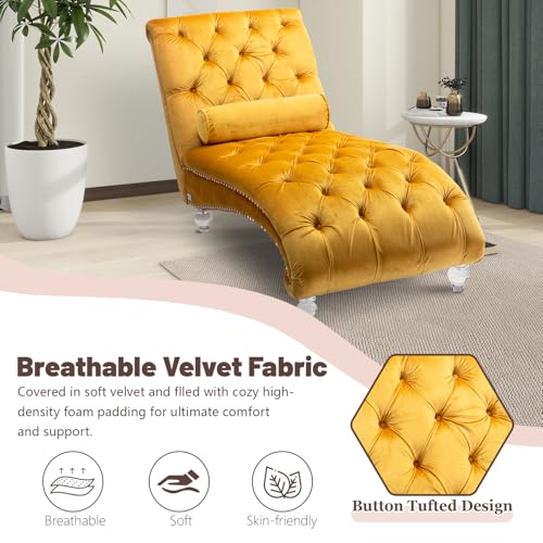 Chaise Lounge Chair Indoor Mustard Velvet Upholstered Button Tufted Chaise, view 6
