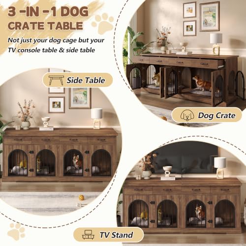 70.8" Large Dog Crate Furniture & TV Stand for 2 Dogs – Double Kennel with 4, view 7