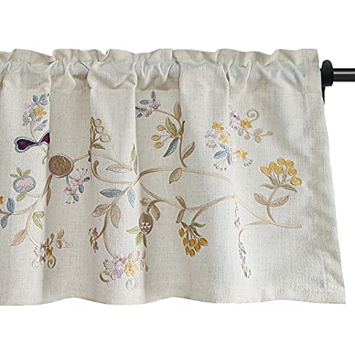 Floral Embroidered Pattern Kitchen Valances for Windows, Linen Rod Pocket Curtains Valance for Living Room, 52 Inch Wide by 18 Inch Long, One Panel