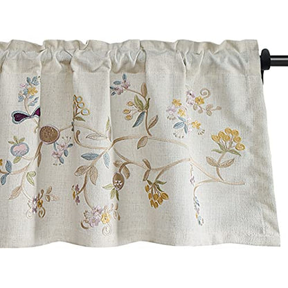 Floral Embroidered Pattern Kitchen Valances for Windows, Linen Rod Pocket Curtains Valance for Living Room, 52 Inch Wide by 18 Inch Long, One Panel