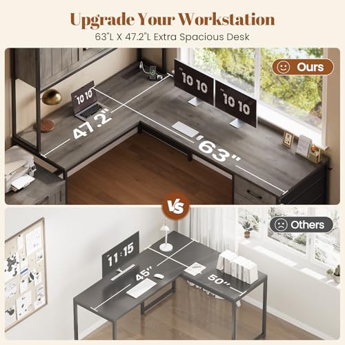 Farmhouse L Shaped Office Desk with 6 Drawer, Reversible Computer Desk with Power Outlet, Hutch for Home Office/Two Person, Corner Desk with File Drawer & Printer Storage Shelves, Grey