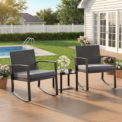 3 Pieces Patio Furniture Set Rocking Bistro Set Outdoor Rattan Conversation with Coffee Table for Garden Balcony Backyard Poolside (Grey Cushion)