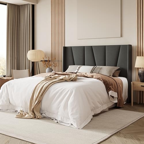 Queen Size Platform Bed Frame with Upholstered Headboard, Dark Grey, view 4