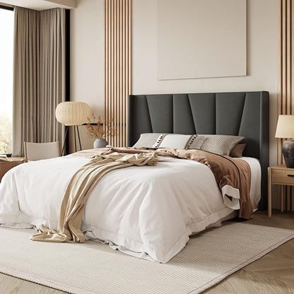 Queen Size Platform Bed Frame with Upholstered Headboard, Dark Grey, view 4