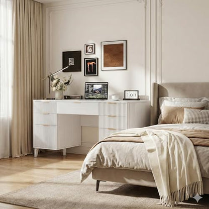 White Desk with Drawers, 55" Fluted Executive Desk with Storage Cabinet, Wood Home Office Desk with File Cabinet, Modern Computer Writing Desk for Study, Living Room, Bedroom