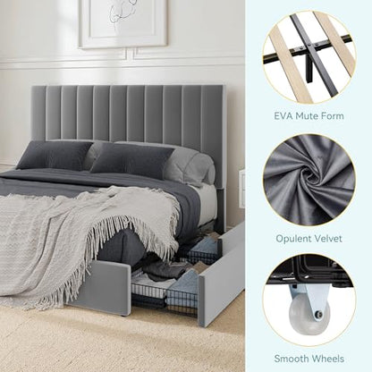 Full Size Velvet Upholstered Storage Bed Frame with Adjustable Vertical Channel Tufted Headboard, 4 Large Underbed Drawers, Sturdy Platform, Noise-Free, No Box Spring Needed, Grey