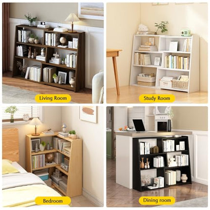 IOTXY Wooden Extendable Shelf Bookcase, 3-Tier Low Bookshelf, Walnut, L, view 7