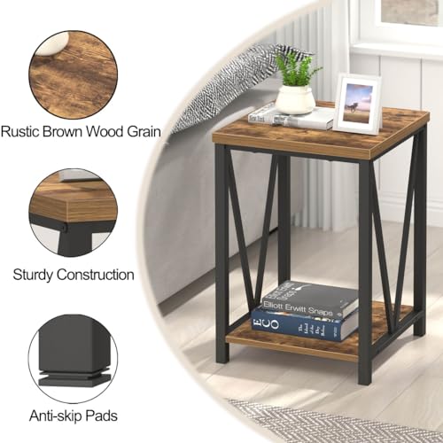 End Table, Square Side Tables for Living Room, Industrial Metal and Wood Nightstand for Bedroom, Rustic Brown