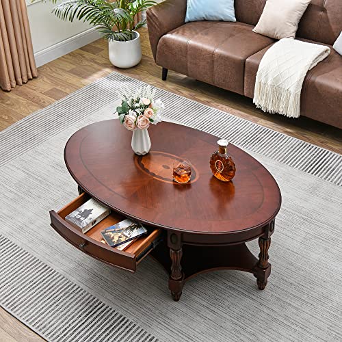 Solid Wood Oval Coffee Table with Drawer and Storage Shelf, Traditional Vintage Center Table Polished Edging Cocktail Tea Table for Living Room Bedroom Home, Cherry Walnut