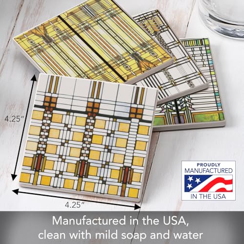 Frank Lloyd Wright's Assorted Art Glass Collection Designs on 4 Pack Assorted Stone Coasters with Protective Cork Backing Manufactured in the USA Absorbent Easily Wipes Clean