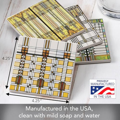 Frank Lloyd Wright's Assorted Art Glass Collection Designs on 4 Pack Assorted Stone Coasters with Protective Cork Backing Manufactured in the USA Absorbent Easily Wipes Clean