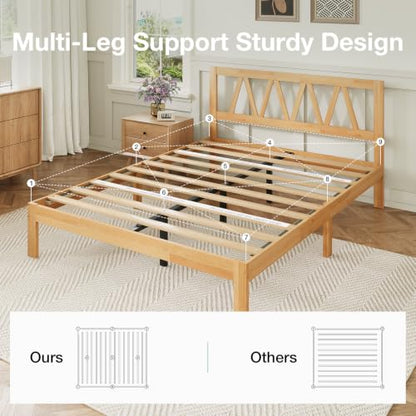 12 Inch Queen Bed Frame with Headboard Bed Frame Queen Size Solid Wooden Bed, view 4