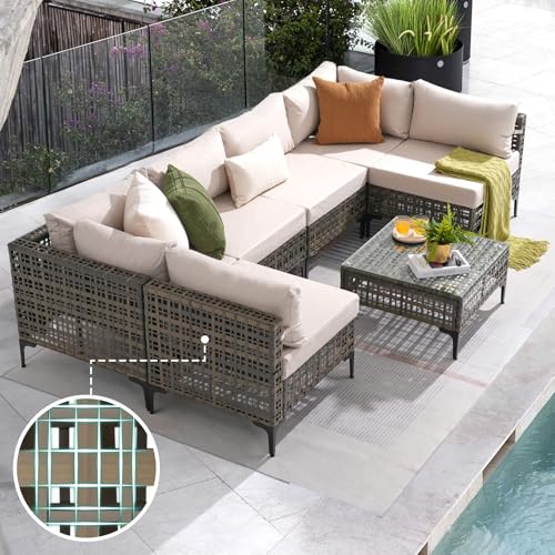7 Piece Wicker Patio Furniture Set, Metal-Colored PE Rattan Outdoor Conversation Set Sectional Sofa with Water Resistant Cushion and Glass Table, Outdoor Couch, Porch, Backyard-Sand Beige