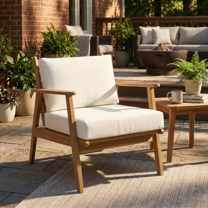 Arber Acacia Wood Lounge Chair Outdoor with Removable Cushion, Solid Wood Patio Accent Chair with Cushion, Patio Furniture Set Sofa Chair, Beige+Light Teak