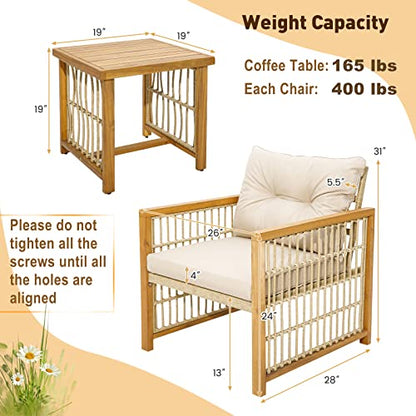 3 Pieces Acacia Wood Patio Furniture Set, PE Wicker Bistro Set with Cushioned Chairs and Coffee Table, Outdoor Conversation Set for Porch, Deck, Balcony, Backyard (Beige)
