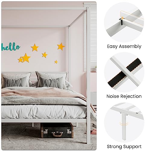 Queen Size Canopy Bed Frame with Heavy Duty Metal Slats, White, view 5