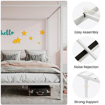 Queen Size Canopy Bed Frame with Heavy Duty Metal Slats, White, view 5