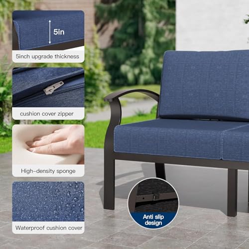 Aluminum Patio Furniture Set,5 Piece Modern Metal Outdoor Patio Furniture w/5.1'' Thick Cushion,Swivel Chairs and 45" Propane Fire Pit Table,Patio Conversation Sets for Porch,Deck,NavyBlue