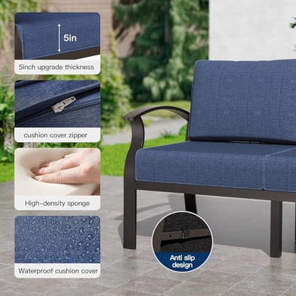 Aluminum Patio Furniture Set,5 Piece Modern Metal Outdoor Patio Furniture w/5.1'' Thick Cushion,Swivel Chairs and 45" Propane Fire Pit Table,Patio Conversation Sets for Porch,Deck,NavyBlue