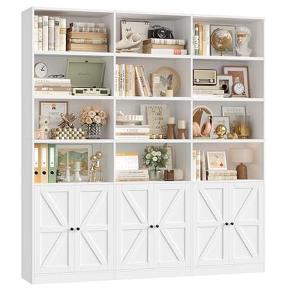 75" Triple Wide Bookshelf, White Bookshelf and Bookcase with 6 Farmhouse Doors, 71" Wide 6 Tier Book Shelf with 18 Storage Shelves, Large Wooden Bookshelves, Tall Bookcase for Office, White