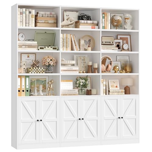 75" Triple Wide Bookshelf, White Bookshelf and Bookcase with 6 Farmhouse Doors, 71" Wide 6 Tier Book Shelf with 18 Storage Shelves, Large Wooden Bookshelves, Tall Bookcase for Office, White