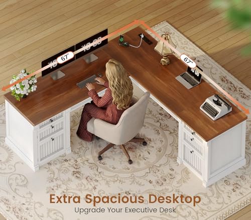 L Shaped Desk with 4 Drawers, 67"x 67" Executive Home Office Desk with File Drawers & Storage Cabinet, Corner Computer Desk with Power Strip for Bedroom, Brown+White