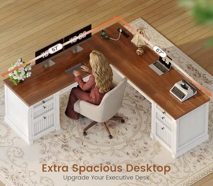 L Shaped Desk with 4 Drawers, 67"x 67" Executive Home Office Desk with File Drawers & Storage Cabinet, Corner Computer Desk with Power Strip for Bedroom, Brown+White
