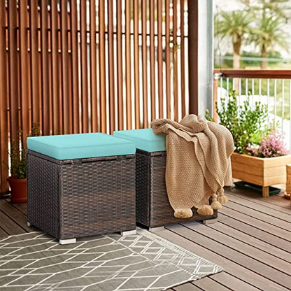 Wicker Outdoor Storage Ottoman, 2-Piece Rattan Footstool w/Removable Cushion, Multipurpose Footrest Stool Side Table Additional Seating, Set of 2 Outdoor Ottomans for Patio Deck (Turquoise)