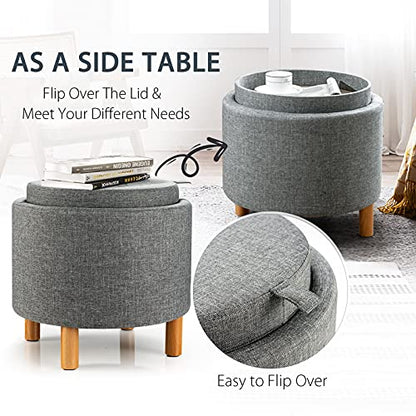 Round Storage Ottoman with Tray Lid, Accent Storage Footstool w/Soft Padding, Fabric Sitting Stool w/Solid Wood Legs & Non-Slip Pads, Tray Top Coffee Table for Living Room, Bedroom (Grey)