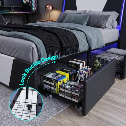 Full Size Bed Frame Upholstered Headboard Lights Storage Drawers, view 5