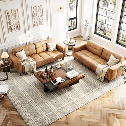 83” Brown Faux Leather Couch, 3 Seater Sofa Couches with 2 Removable Back Cushions for Living Room, Large Mid Century Modern Office Apartment Couch (Brown)