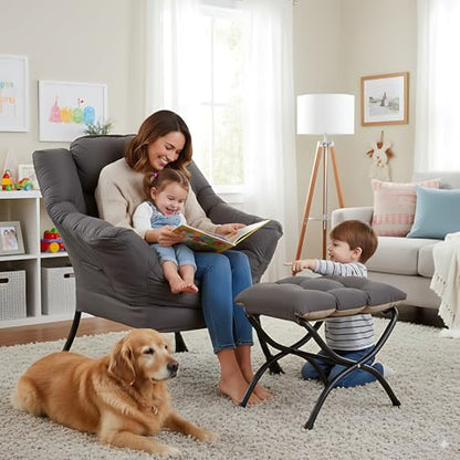 Lazy Chair with Ottoman, Lounge Accent Arm Chair with Armrests, Side Pocket and Footrest, Leisure Upholstered Sofa Reading Chair with Footstool for Living Room Bedroom, Dark Grey