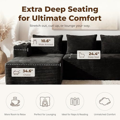 Modular Sectional L-Shaped Sofa with Deep Seat, Modern Boneless Comfy Corduroy Fluffy Couch with Side Pockets and Anti-Slip & Floor-Friendly Bottom for Living Room, No Assembly, Black