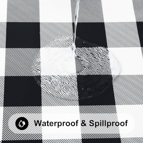 Round Picnic Tablecloth, Elastic Waterproof Fitted Vinyl Tablecloths for 45"-56" Tables, Flannel Backed Buffalo Plaid Table Cover for Dining, Camping, Outdoor, Black and White