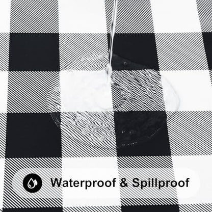 Round Picnic Tablecloth, Elastic Waterproof Fitted Vinyl Tablecloths for 45"-56" Tables, Flannel Backed Buffalo Plaid Table Cover for Dining, Camping, Outdoor, Black and White