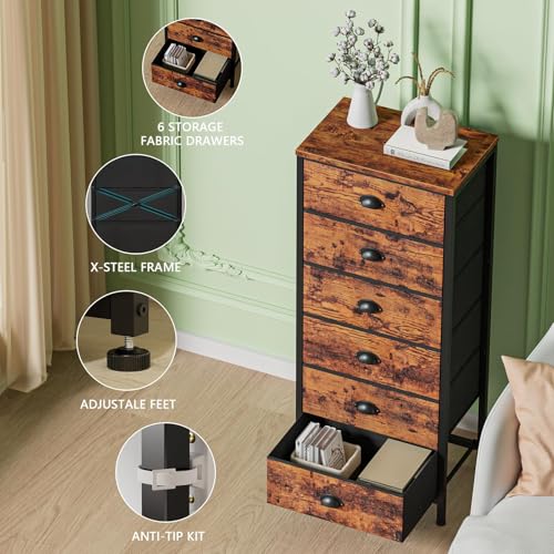 Tall Dresser with 6 Drawers,Vertical End Table and Nightstand for Bedroom,Industrial Dorm Bedside Furniture with Fabric Storage Drawer Organizer in Living Room,Closet,Entryway(Rustic Brown)