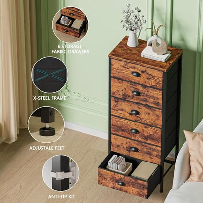 Tall Dresser with 6 Drawers,Vertical End Table and Nightstand for Bedroom,Industrial Dorm Bedside Furniture with Fabric Storage Drawer Organizer in Living Room,Closet,Entryway(Rustic Brown)