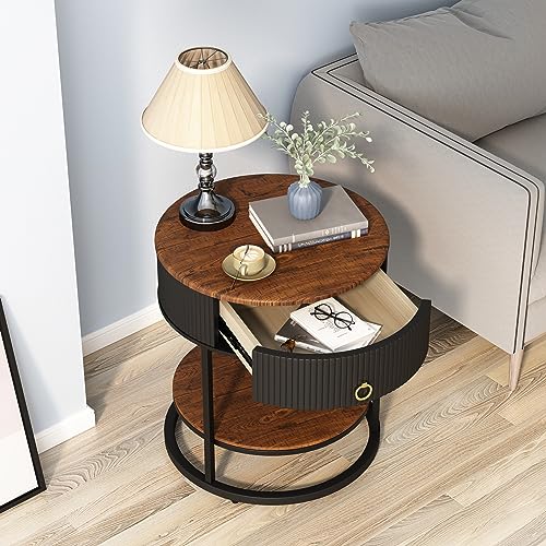 Round End Table with Drawer, Wood Grain Bedside Table, Brown and Black | 2-Tier Nightstand with Drawer, Side Table, Shelf, MDF Board, PVC, Metal Frame, Living Room, Bedroom, office